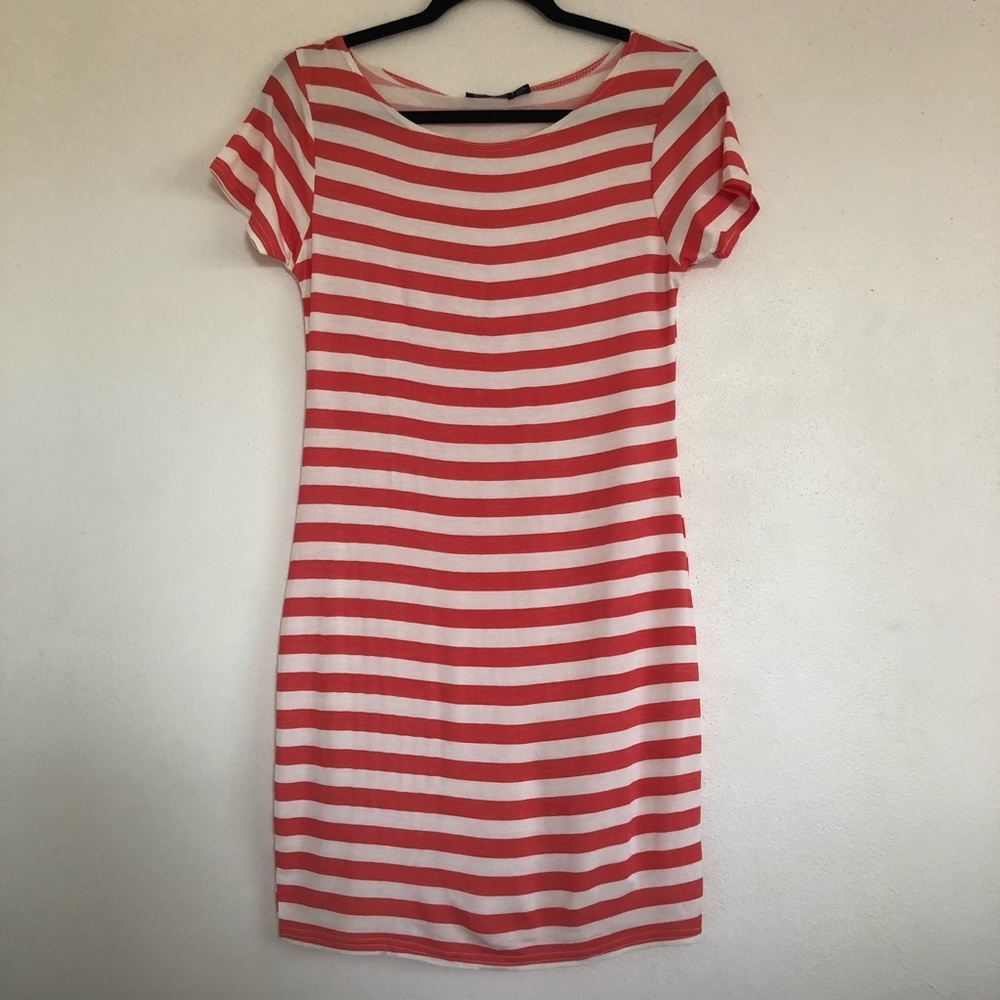 Boohoo Red and White Striped Short Sleeves Dress.
